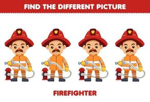 educatief spel voor kinderen vind de verschillende foto's van schattige cartoon brandweerman beroep afdrukbaar werkblad vector