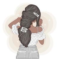 glamoureuze brunette met stijlvol haar, met schattige haarspelden, print mode vectorillustratie vector