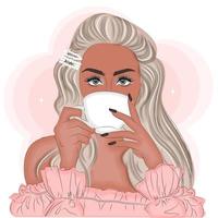 jong blond meisje en een kopje koffie of thee, mode vectorillustratie afdrukken