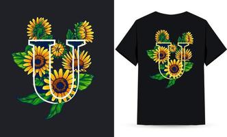 letter u alfabet zonnebloem en zomer illustratie geschikt voor shirt zeefdruk vector