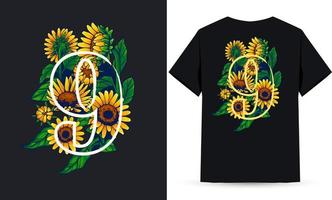 nummer 9 zonnebloem- en zomerillustratie geschikt voor shirtzeefdruk vector