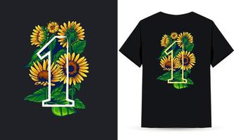 nummer 1 zonnebloem- en zomerillustratie geschikt voor shirtzeefdruk vector