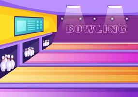 bowling spel hand getekende cartoon platte achtergrond ontwerp illustratie met pinnen, ballen en scoreborden in een sportclub of activiteit competitie vector