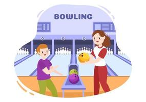 mensen spelen bowlingspel handgetekende cartoon platte ontwerp illustratie met pinnen, ballen en scoreborden in een sportclub of activiteitenwedstrijd vector
