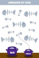 educatief spel voor kinderen rangschikken op grootte groot of klein zet het in de ketel van schattige cartoon grijze visgraten halloween afdrukbaar werkblad vector