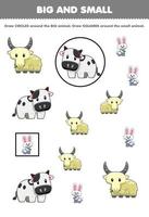 educatief spel voor kinderen rangschikken op grootte groot of klein door te tekenen cirkel en vierkant van schattige cartoon wit boerderijdier koe geit konijn afdrukbaar werkblad vector