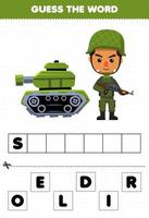educatief spel voor kinderen raad het woord letters oefenen van schattige cartoon soldaat beroep afdrukbaar werkblad vector