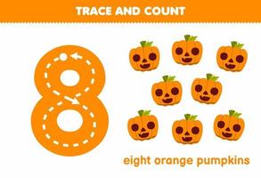 educatief spel voor kinderen nummer acht traceren en tellen van schattige cartoon oranje pompoen halloween afdrukbaar werkblad vector