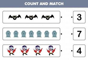 educatief spel voor kinderen tel het aantal schattige cartoon vleermuis grafsteen dracula kostuum en match met de juiste nummers halloween afdrukbaar werkblad vector