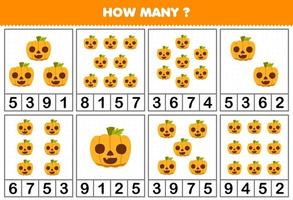 educatief spel voor kinderen tellen hoeveel objecten in elke tafel van schattige cartoon pompoen met gezicht halloween afdrukbaar werkblad vector