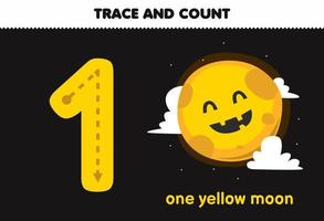 educatief spel voor kinderen nummer één traceren en tellen van schattige cartoon gele maan halloween afdrukbaar werkblad vector