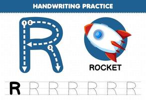 educatief spel voor kinderen handschriftoefening met hoofdletters r voor raketafdrukbaar werkblad vector