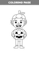 educatief spel voor kinderen kleurplaat van schattige cartoon pompoen jongen kostuum lijntekeningen halloween afdrukbaar werkblad vector