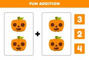 educatief spel voor kinderen leuke toevoeging door te tellen en kies het juiste antwoord van schattige cartoon oranje pompoen halloween afdrukbaar werkblad vector