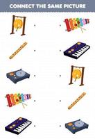 onderwijs spel voor kinderen sluit dezelfde afbeelding van cartoon muziek instrument gong fluit draaitafel xylofoon synthesizer afdrukbaar werkblad vector