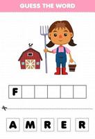 educatief spel voor kinderen raad het woord letters oefenen van schattige cartoon boer beroep afdrukbaar werkblad vector