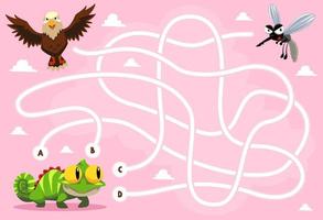 doolhof puzzelspel voor kinderen met schattige cartoon dieren leguaan adelaar mug afdrukbaar werkblad vector