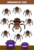 educatief spel voor kinderen rangschikken op grootte groot of klein plaats het in de ketel van schattige cartoon bruine spin halloween afdrukbaar werkblad vector
