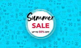 zomer verkoop poster of banner. witte cirkel met tekst zomer verkoop en zee pictogrammen patroon achtergrond vector