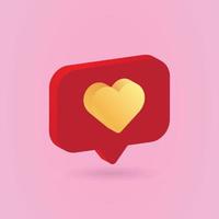 3D-gouden liefde pictogram met meldingen, geïsoleerd op roze achtergrond. 3D-melding voor sociale media, zoals liefdesgouden pictogramontwerp. vectorillustratie. vector
