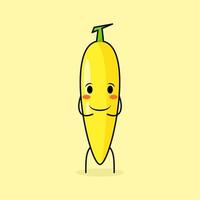 schattig bananenkarakter met glimlach en gelukkige uitdrukking, beide handen op de buik. groen en geel. geschikt voor emoticon, logo, mascotte en icoon vector
