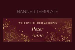 bloemen bruiloft horizontale banner sjabloon in elegante gouden stijl, welkom op onze bruiloft, uitnodigingskaart ontwerp met gouden bloemen met bladeren, stippen en bessen. vector Decoratief frame op rijk rood