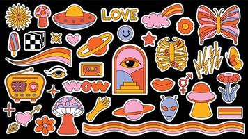 set hipster retro coole psychedelische elementen. collectie stickers van groovy cliparts uit de jaren 70 en 60. collage met trendy popvibe met funky designelement. abstracte achtergrond van cartoonsticker vector