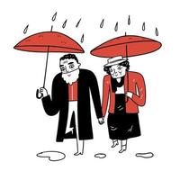 bejaarde echtpaar loopt hand in hand en spreidt paraplu's uit
