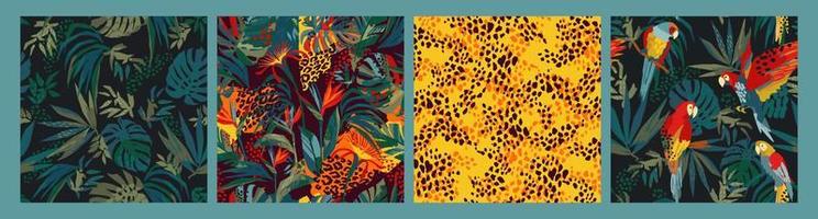 set van abstracte tropische naadloze patronen. papegaaien, tropische planten, dierenprint. modern exotisch ontwerp voor papier, omslag, stof, interieur en andere gebruikers. vector