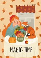 schattig meisje met een vos. herfst sprookje illustratie. vectorontwerp voor kaart, poster, flyer, web en ander gebruik. vector