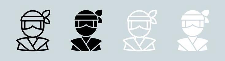 ninja pictogrammenset in zwarte en witte kleuren. Japanse krijger tekenen vector illustratie.