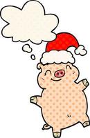 cartoon happy christmas varken en gedachte bel in stripboekstijl vector