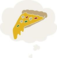 cartoon pizza slice en gedachte bel in retro stijl vector