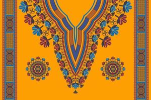 Afrikaanse dashiki kleurrijke hals bloem borduurpatroon met decoratie elementen grens op gele achtergrond. Afrikaanse tribale kunst shirts mode. vector