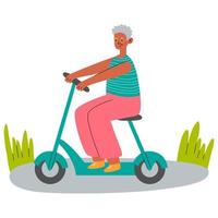 oude zwarte vrouw op stoel van elektrische scooter. moderne grootmoeder met milieuvriendelijke bromfiets. rijder zittend op de stoel van trendy stadsvervoer. vector