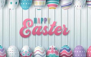 happy easter achtergrond met realistische paaseieren op houten lambrisering vector