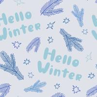 herhaal patroon kerst bloemen compositie met hallo winter zin in eenvoudige handgetekende cartoon stijl voor wenskaarten, uitnodigingen, banner vectorillustratie vector