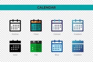 kalenderpictogram in verschillende stijl. kalender vector iconen ontworpen in omtrek, effen, gekleurd, gevuld, verloop en vlakke stijl. symbool, logo afbeelding. vector illustratie