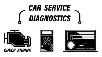 infographics, reparatieservice. computerdiagnose van de werking van de auto, het laadniveau van de auto-accu controleren met behulp van een tester, digitale multimeter. set van vector iconen