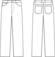jeans met rechte pijpen platte technische tekening illustratie vijf zakken klassieke blanco streetwear mock-up sjabloon voor ontwerp en tech packs cad