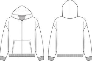 zip hoodie sweatshirt plat technische tekening illustratie mock-up sjabloon voor ontwerp en tech packs mannen of unisex mode cad streetwear vector