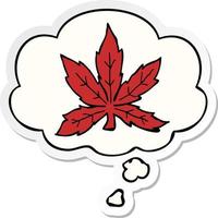 cartoon marihuanablad en gedachte bel als een gedrukte sticker vector