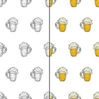 oktoberfest 2022 - bierfestival. handgetekende doodle elementen. naadloos patroon. Duitse traditionele vakantie. gekleurde omtrek bierpullen met schuim op een witte achtergrond. vector