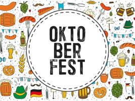 oktoberfest 2022 - bierfestival. handgetekende doodle elementen. Duitse traditionele vakantie. rond embleem met tekst op de achtergrond van een patroon van gekleurde elementen. vector