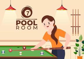 Biljart spel hand getekende cartoon vlakke afbeelding met speler pool kamer met stok, richtsnoer gericht op biljartballen in sportclub vector