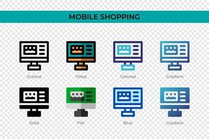 mobiel winkelen icoon in verschillende stijl. mobiel winkelen vectorpictogrammen ontworpen in omtrek, effen, gekleurd, gevuld, verloop en vlakke stijl. symbool, logo afbeelding. vector illustratie