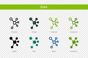 dna-pictogram in verschillende stijl. DNA-vectorpictogrammen ontworpen in omtrek, effen, gekleurd, gevuld, verloop en vlakke stijl. symbool, logo afbeelding. vector illustratie