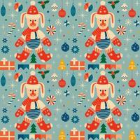 retro vintage kerstpatroon met konijnen en kerstversiering. vector illustratie