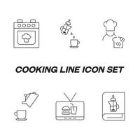 koken, eten en keuken concept. verzameling moderne overzichts zwart-wit pictogrammen in vlakke stijl. lijn icon set van bakken in de oven, thee drinken, bakkerij productie, fast food, french press vector