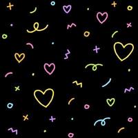 schattig abstract confetti strooi fonkeling glans vorm vorm klein polkadot punt lijn overzicht mini hart abstract regenboog neon kleur kleurrijk pastel naadloos patroon zwarte achtergrond vector